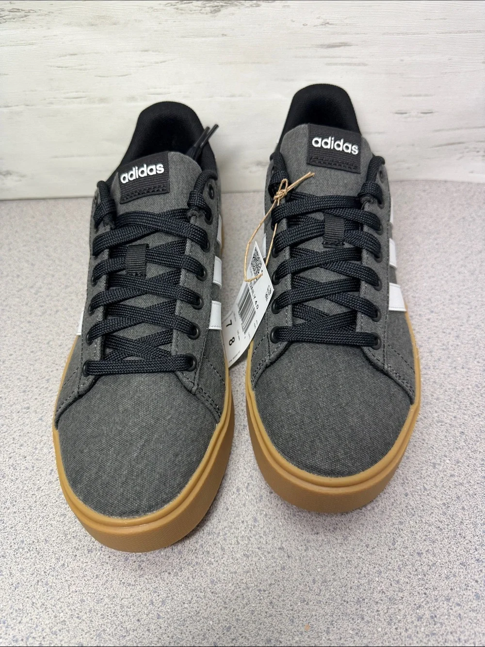 adidas Gray Canvas Sneakers with White Stripes and Gum Sole
